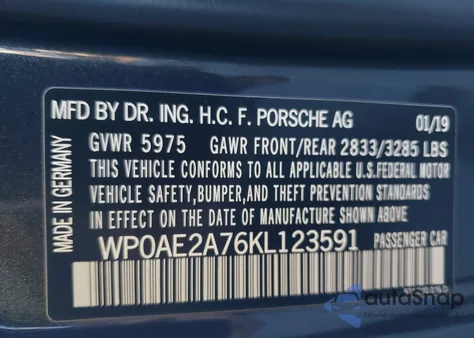 2019 Porsche Panamera E-Hybrid 4 из США, поврежденный, VIN WP0AE2A76KL123591